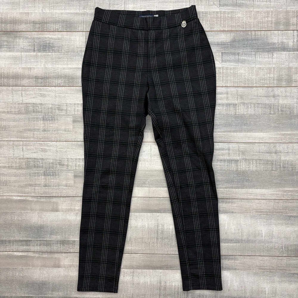 Tommy Hilfiger Womens Size 8 Plaid Stretch Skinny Ankle Pants Grey Logo Pull On